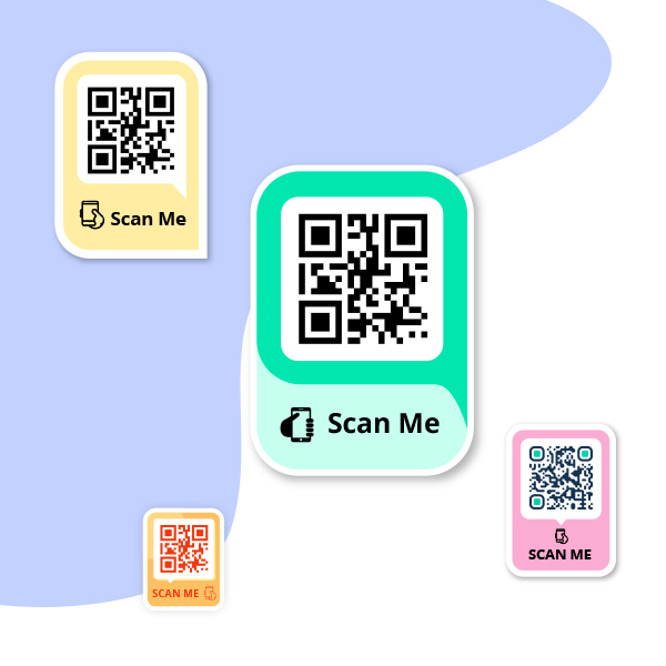 Colorful QR code stickers with 'scan me' call to action text